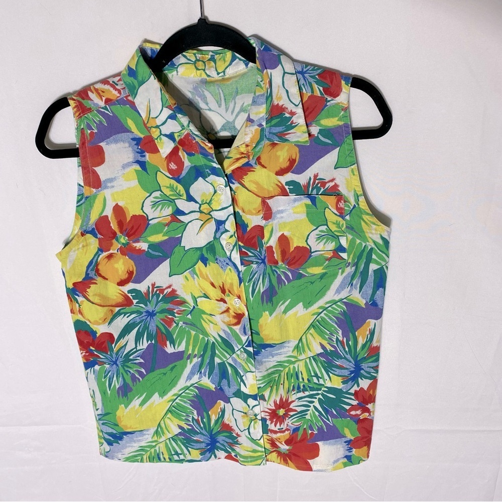 Vintage Tropical Floral Sleeveless Button Up Shirt M